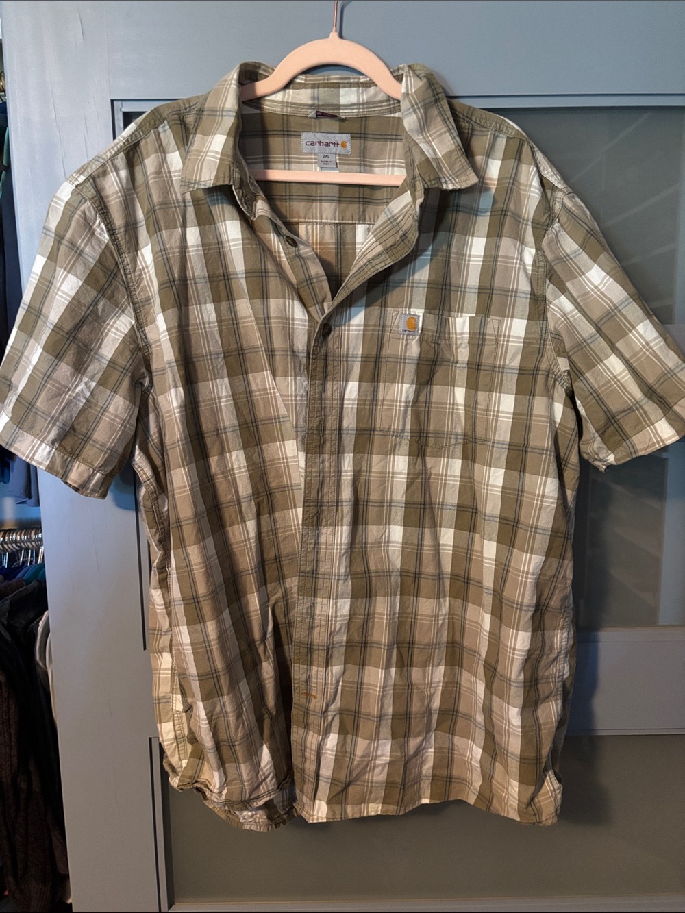 Carhartt Tan and White Plaid Short-Sleeve Button-Down Shirt